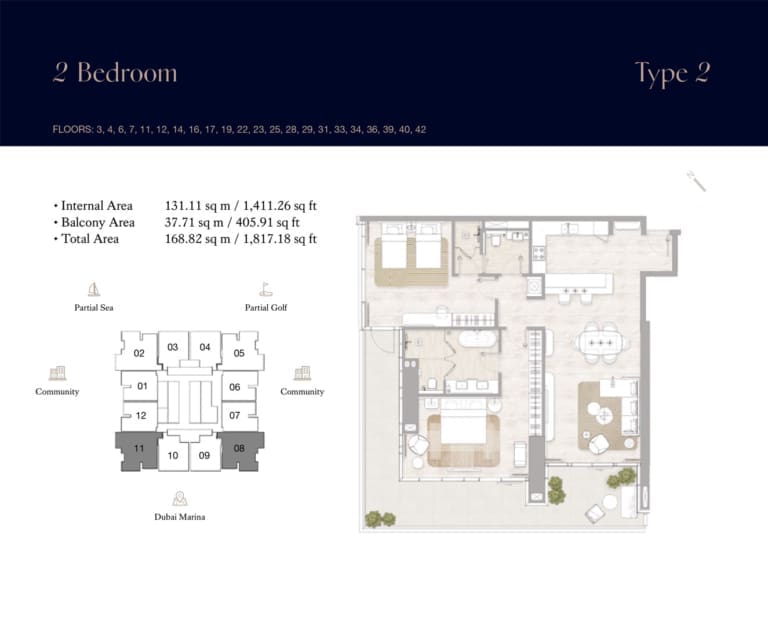 Kempinski Marina Residences 2 Bedroom Type 2 Floor Plan
