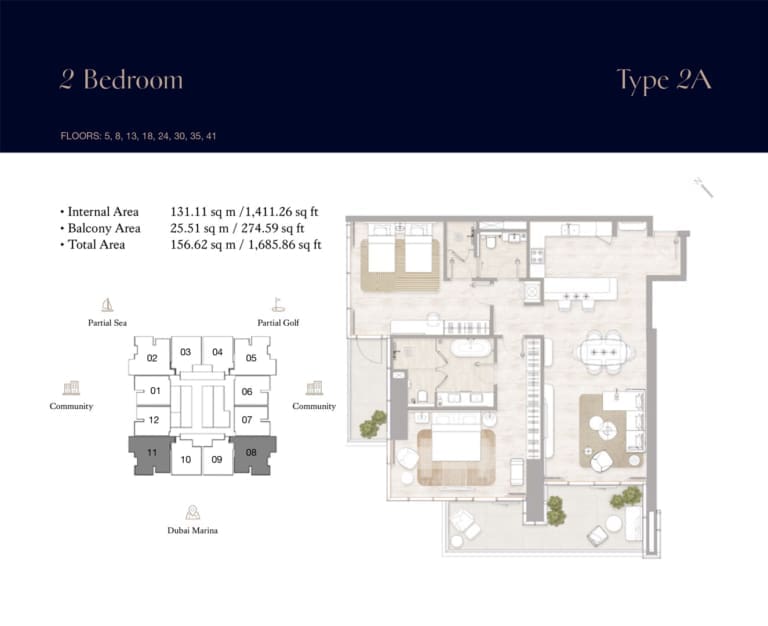 Kempinski Marina Residences 2 Bedroom Type 2A Floor Plan
