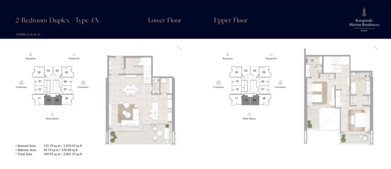 Kempinski Marina Residences 2 Bedroom Duplex Type 1A Floor Plan