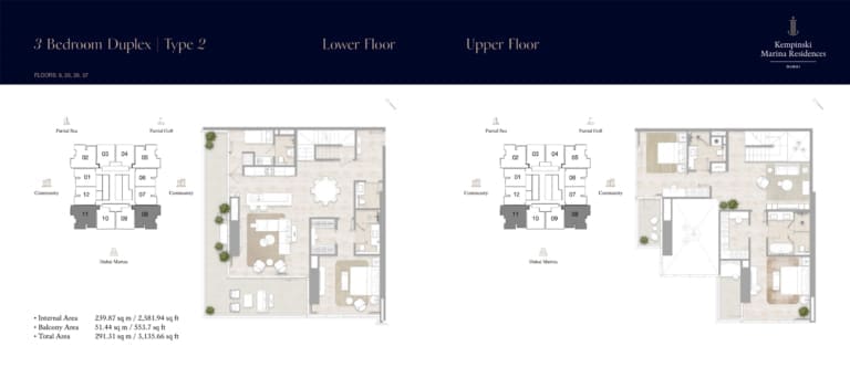 Kempinski Marina Residences 3 Bedroom Duplex Type 2 Floor Plan