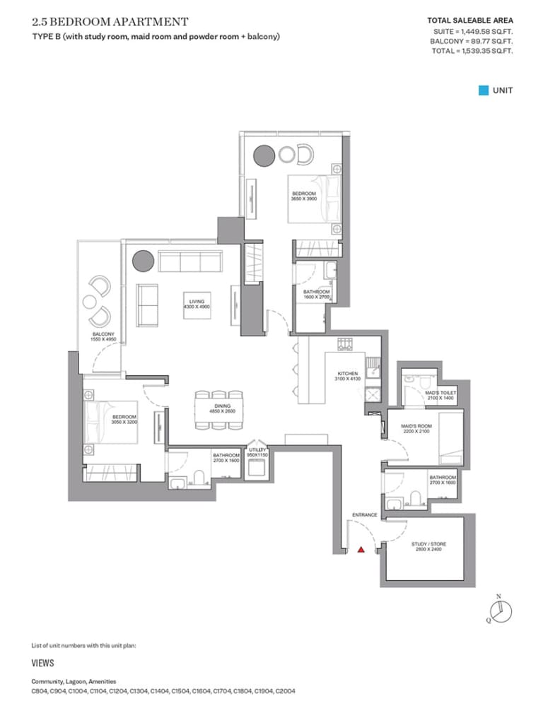 Skyscape Aura Level 2 Bedroom Plus Study Apartment Type B Floor Plan