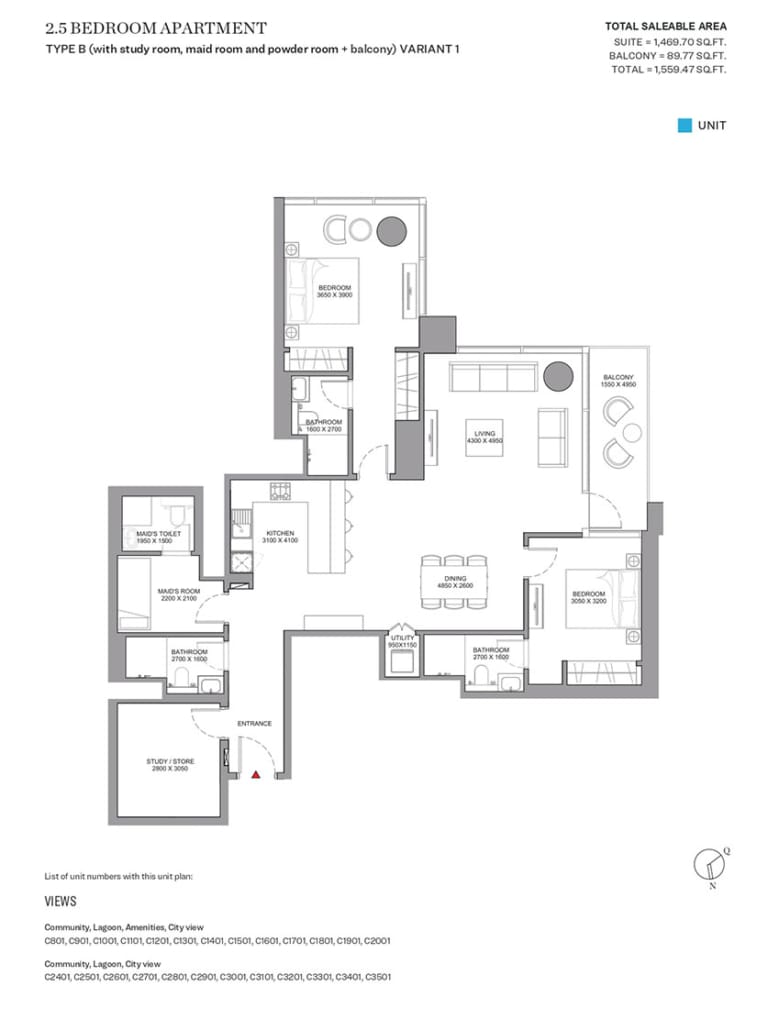 Skyscape Aura Level 2 Bedroom Plus Study Apartment Type B Variant 1 Floor Plan