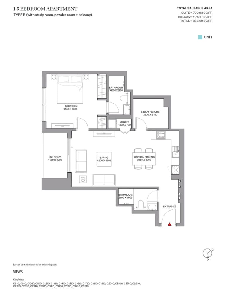 Skyscape Aura Level 1 Bedroom Plus Study Apartment Type B Floor Plan