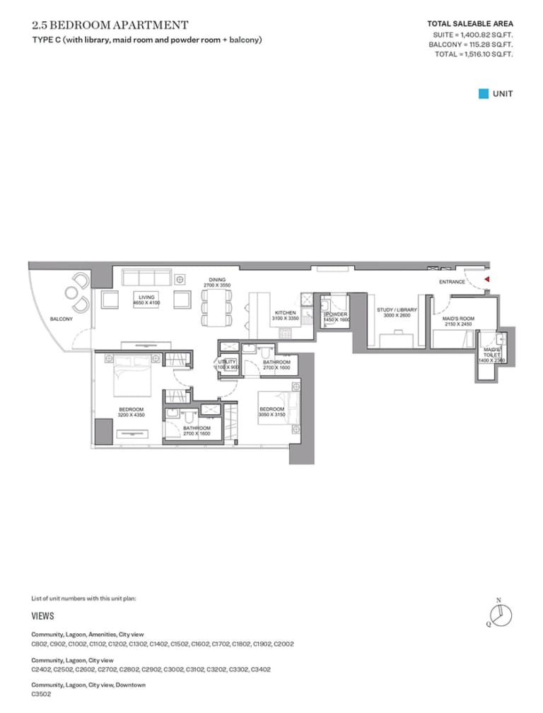 Skyscape Aura Level 2 Bedroom Plus Study Apartment Type C Floor Plan