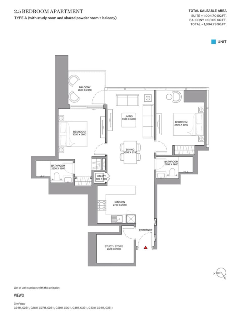 Skyscape Aura Level 2 Bedroom Plus Study Apartment Type A Floor Plan