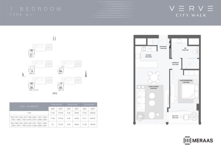 Verve at City Walk 1 Bedroom Type A1 Floor Plan