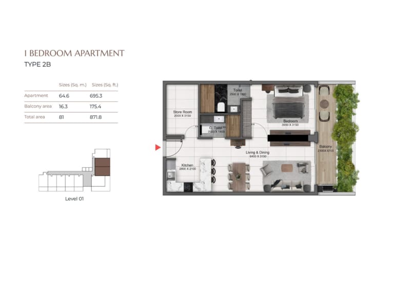 Park Lane 1 Bedroom Apartment Floor Plan Type 2B Floor Plan