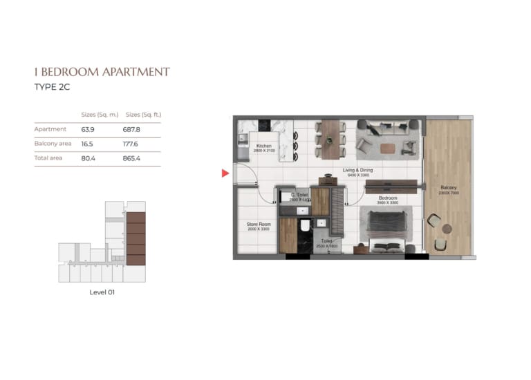 Park Lane 1 Bedroom Apartment Floor Plan Type 2C Floor Plan
