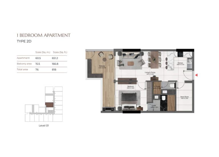 Park Lane 1 Bedroom Apartment Floor Plan Type 2D Floor Plan