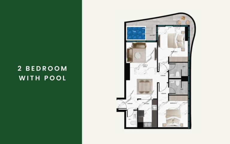 Samana Al Barari Views 2 Bedroom with Pool Floor Plan