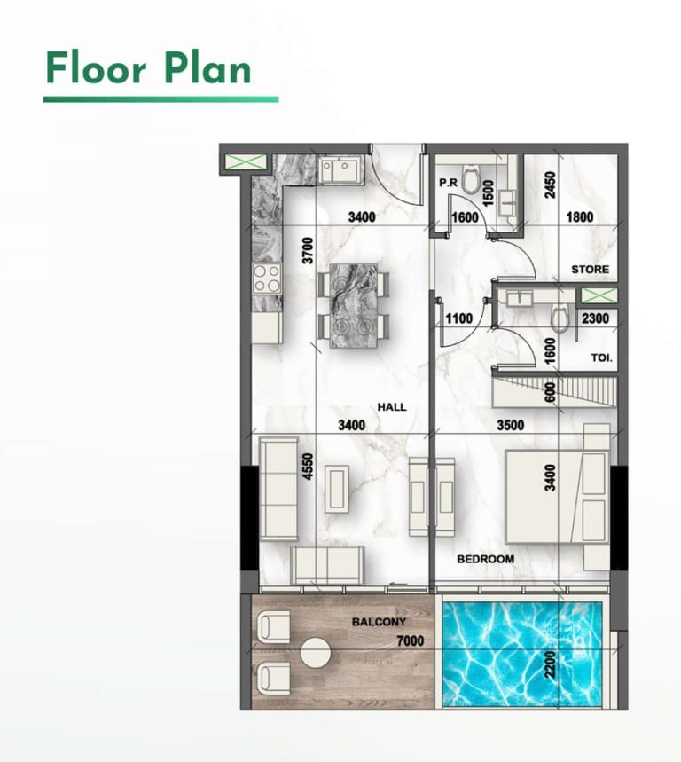 Peace Lagoons 1 Bedroom with Study Floor Plan