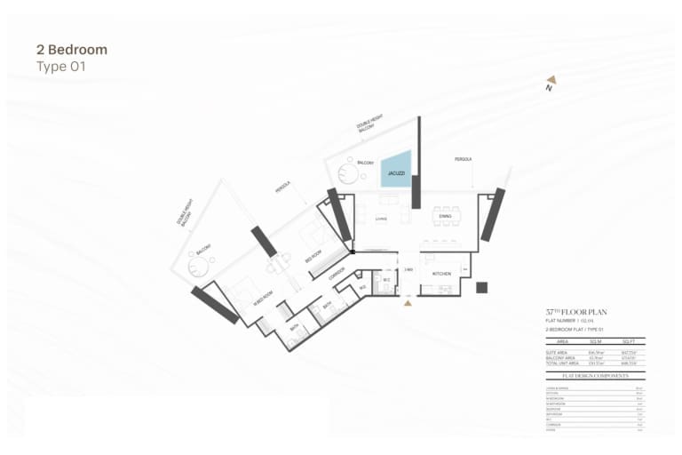 Binghatti Royale 2 Bedroom Type 01 Floor Plan