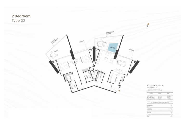 Binghatti Royale 2 Bedroom Type 02 Floor Plan