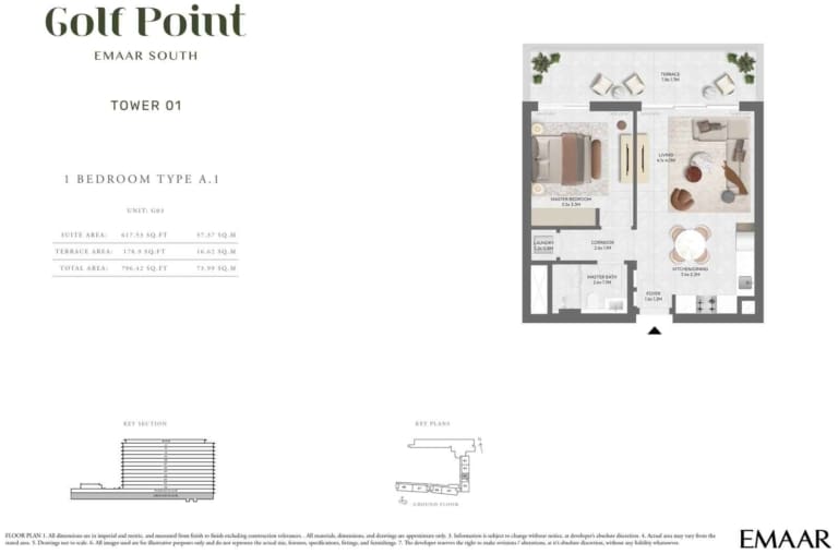 Golf Point Tower 1 – 1 Bedroom Type A.1 Floor Plan