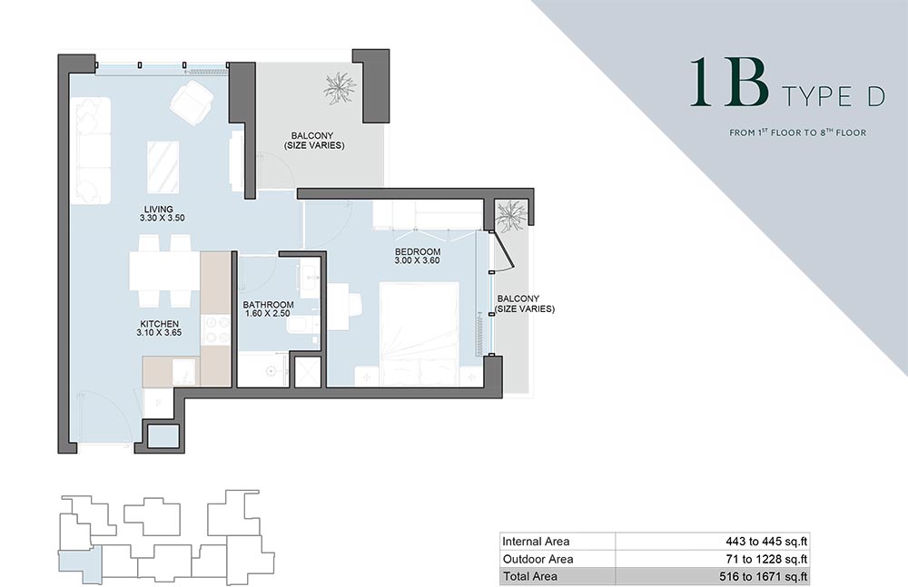 Alba Tower 1 Bedroom Apartment Type D Floor Plan
