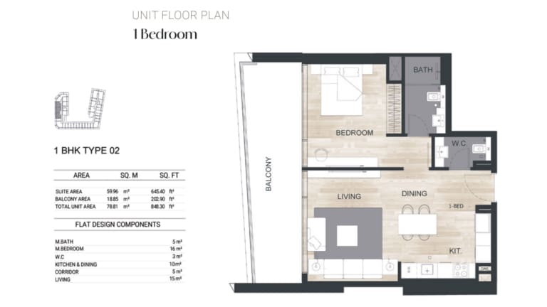 Binghatti Ghost 1 Bedroom Apartment Type 02 Floor Plan