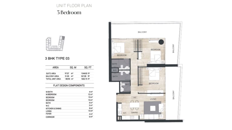 Binghatti Ghost 3 Bedroom Apartment Type 03 Floor Plan