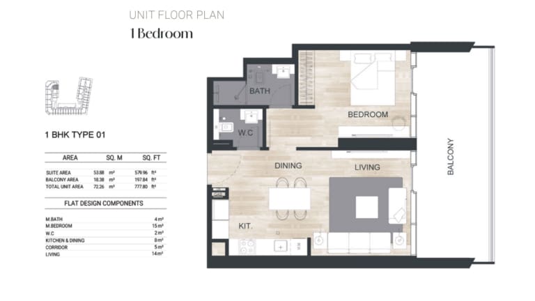 Binghatti Ghost 1 Bedroom Apartment Type 01 Floor Plan