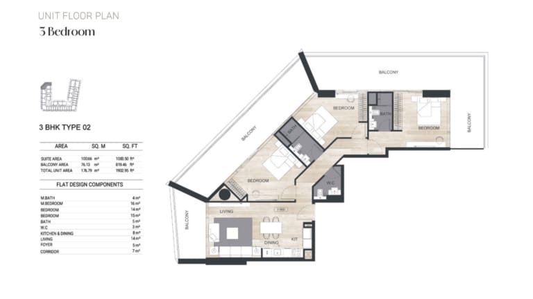 Binghatti Ghost 3 Bedroom Apartment Type 02 Floor Plan