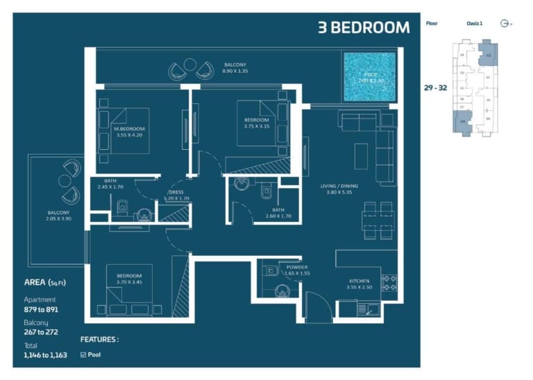 OASIZ 3 Bedroom Apartment Floor Plan