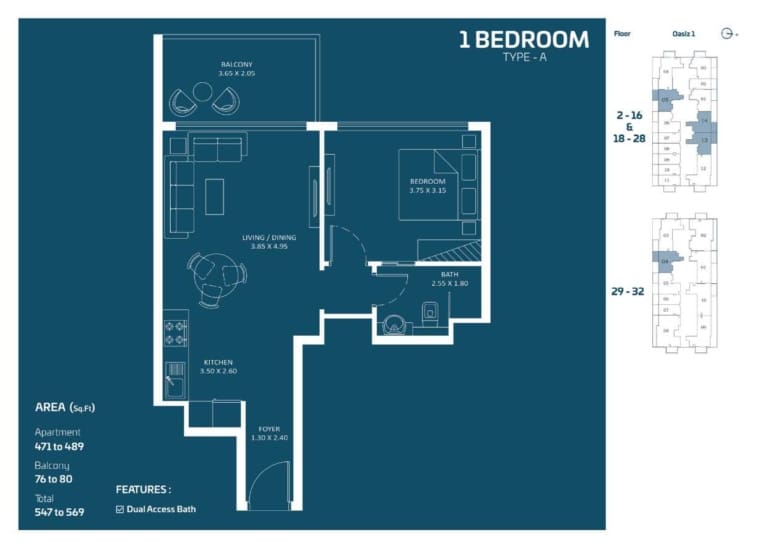 OASIZ 1 Bedroom Apartment Type A Floor Plan