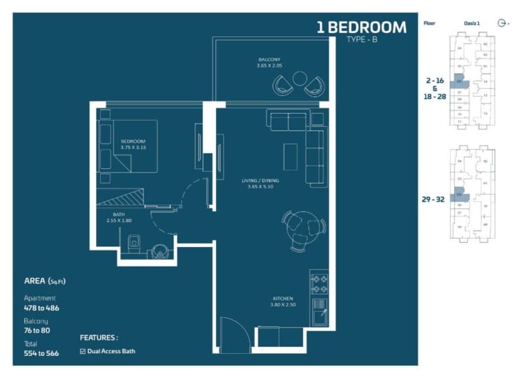 OASIZ 1 Bedroom Apartment Type B Floor Plan