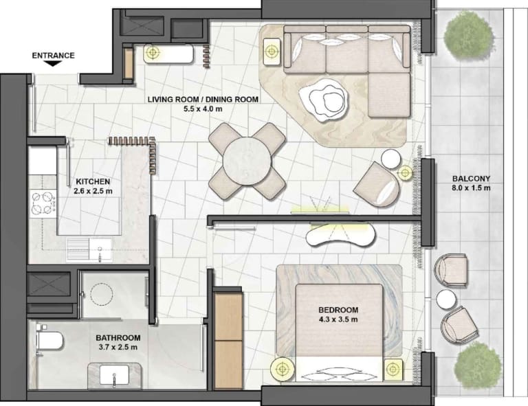 SARIA 1 Bedroom Apartment Floor Plan