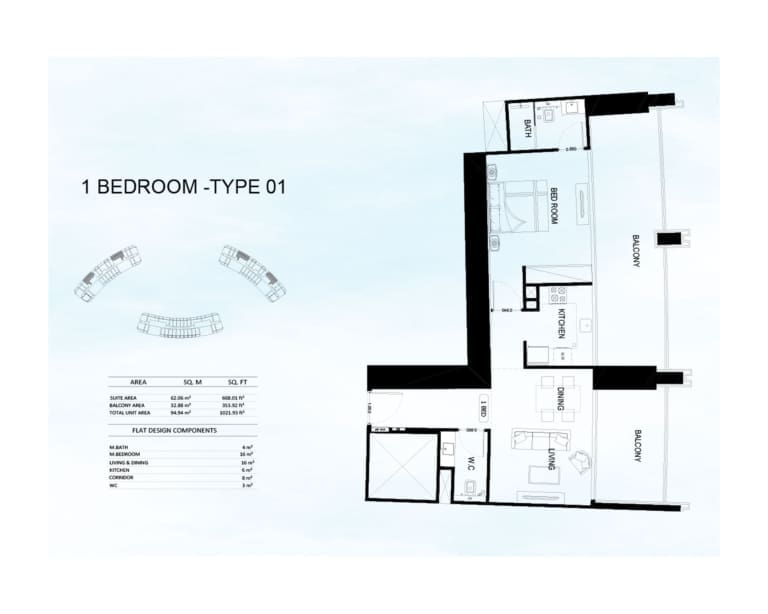 Binghatti Skyrise 1 Bedroom Type 1 Floor Plan