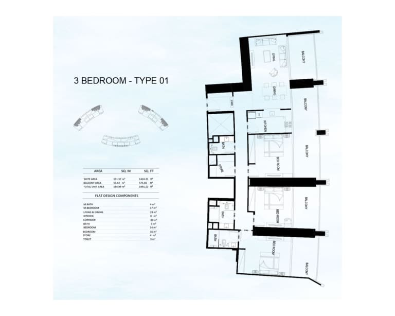 Binghatti Skyrise 3 Bedroom Type 1 Floor Plan