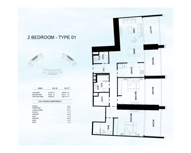 Binghatti Skyrise 2 Bedroom Type 1 Floor Plan