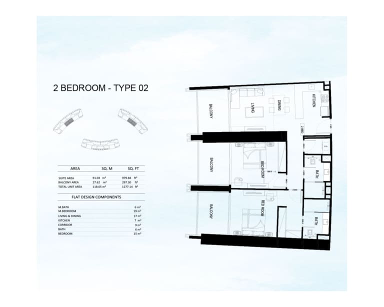 Binghatti Skyrise 2 Bedroom Type 2 Floor Plan