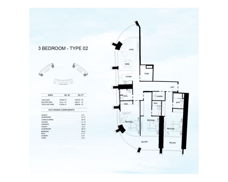Binghatti Skyrise 3 Bedroom Type 2 Floor Plan