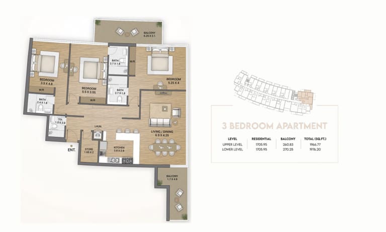 Ocean Tower 3 Bedroom Apartment 1 Floor Plan