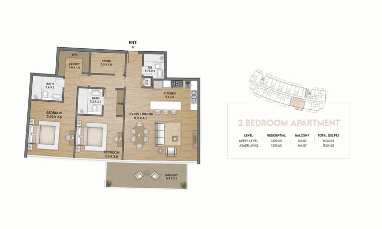 Ocean Tower 2 Bedroom Apartment – 3 Floor Plan