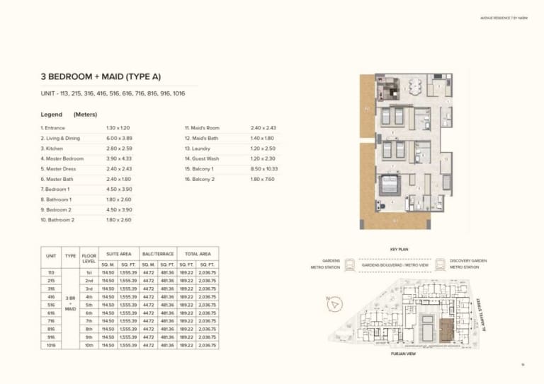 Avenue Residence 7 – 3 Bedroom Plus Maid Type A Floor Plan