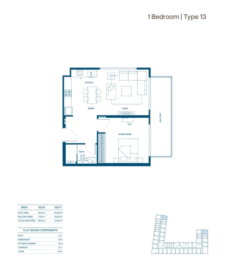 Binghatti Aurora 1 Bedroom Type 13 Floor Plan
