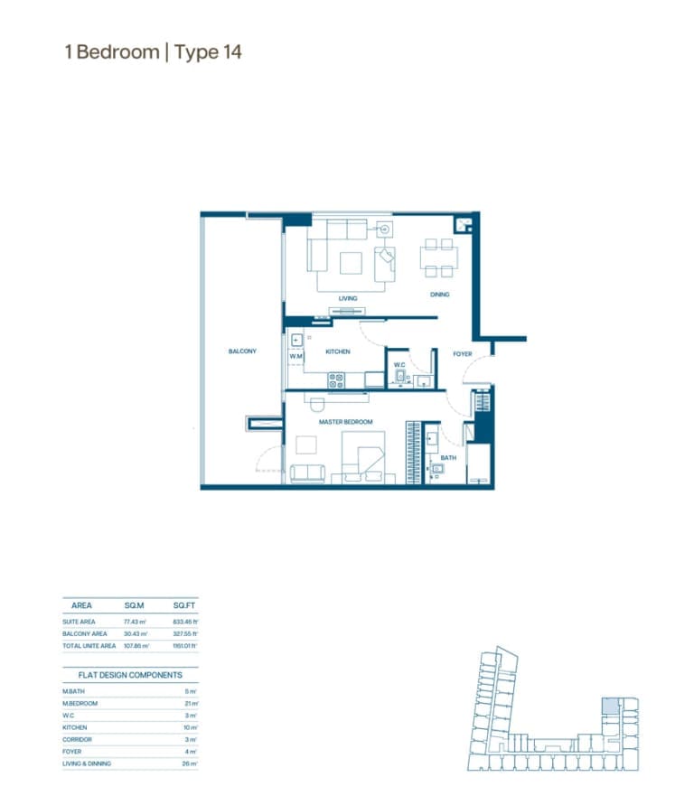 Binghatti Aurora 1 Bedroom Type 14 Floor Plan