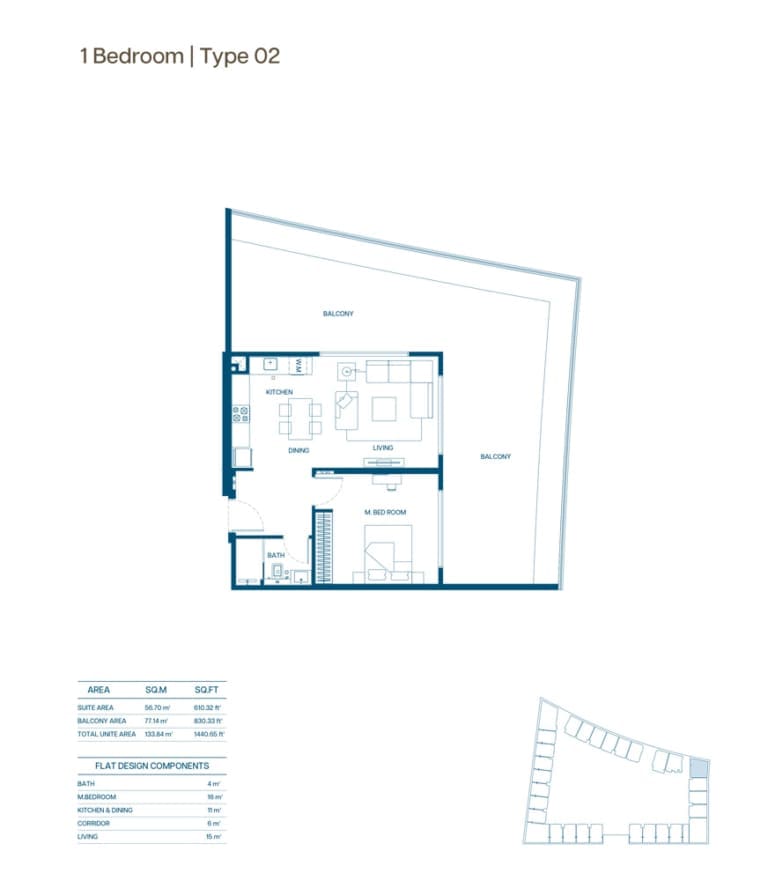Binghatti Aurora 1 Bedroom Type 02 Floor Plan