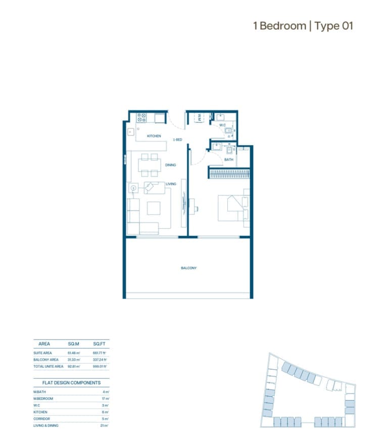 Binghatti Aurora 1 Bedroom Type 01 Floor Plan