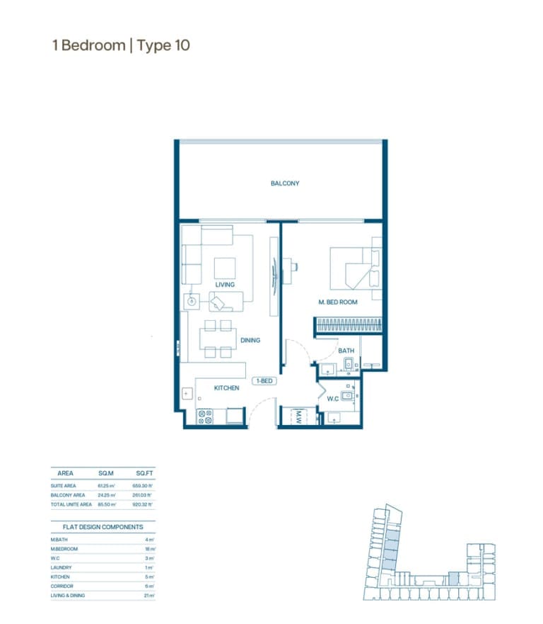 Binghatti Aurora 1 Bedroom Type 10 Floor Plan