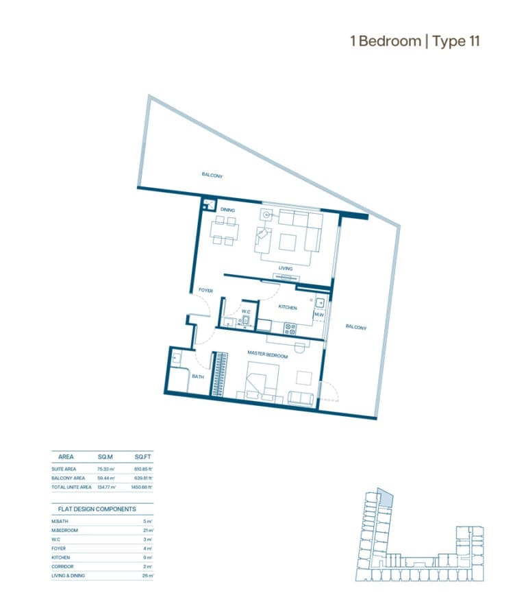 Binghatti Aurora 1 Bedroom Type 11 Floor Plan