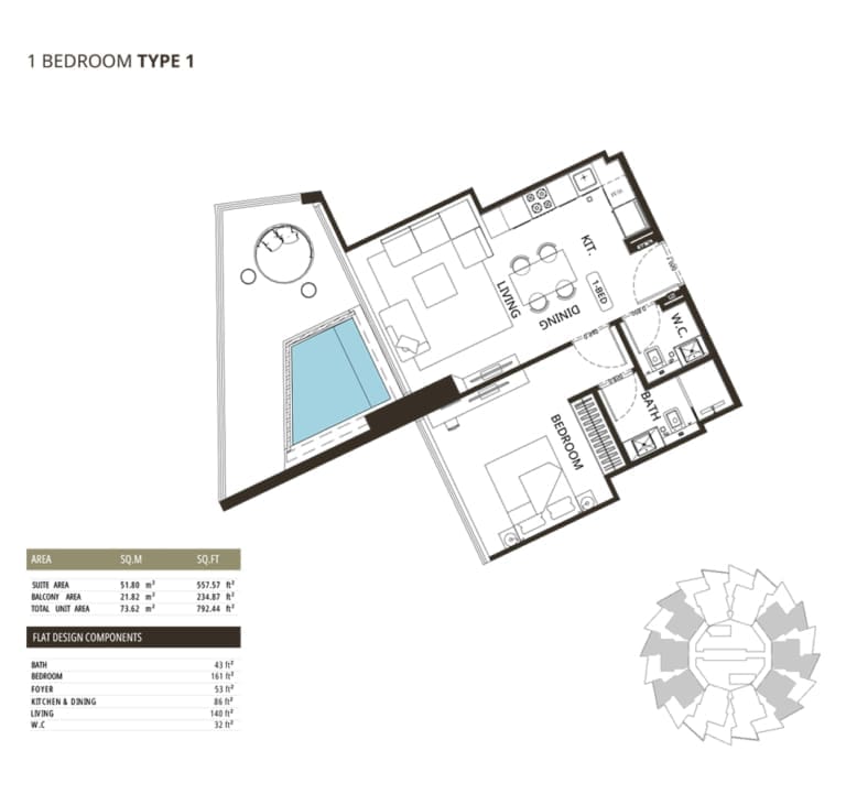 Binghatti Grove 1 Bedroom Type 1 Floor Plan