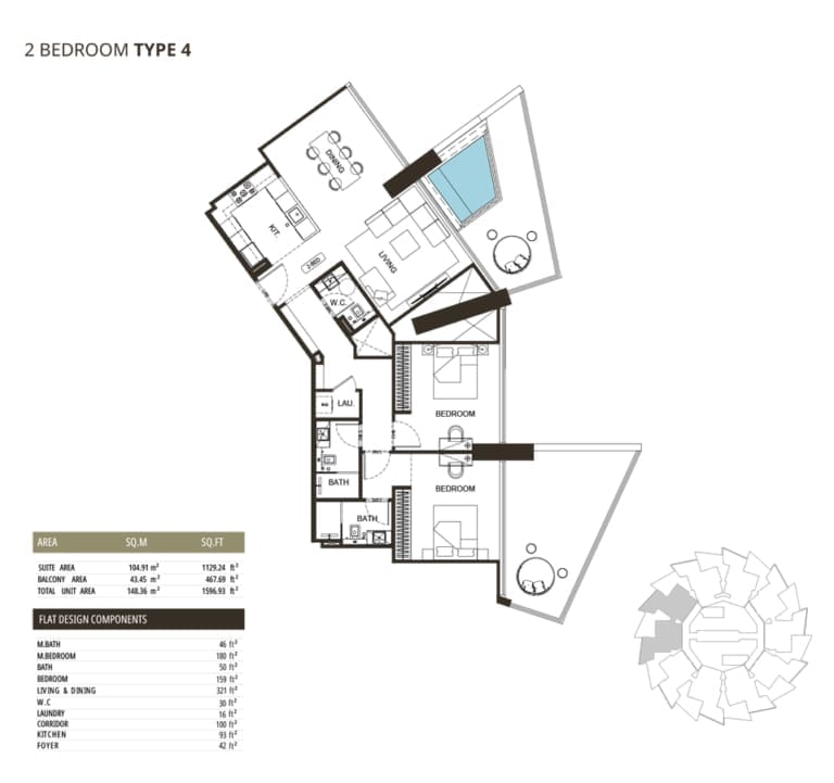 Binghatti Grove 2 Bedroom Type 4 Floor Plan