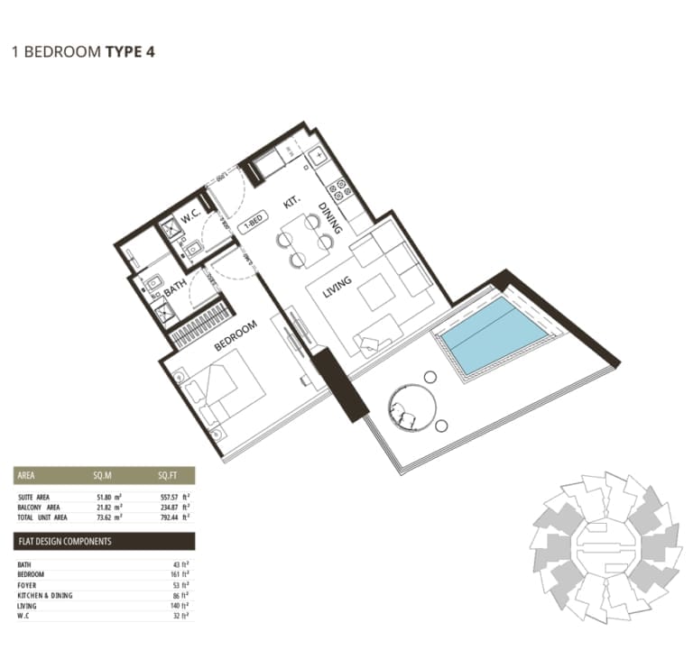 Binghatti Grove 1 Bedroom Type 4 Floor Plan