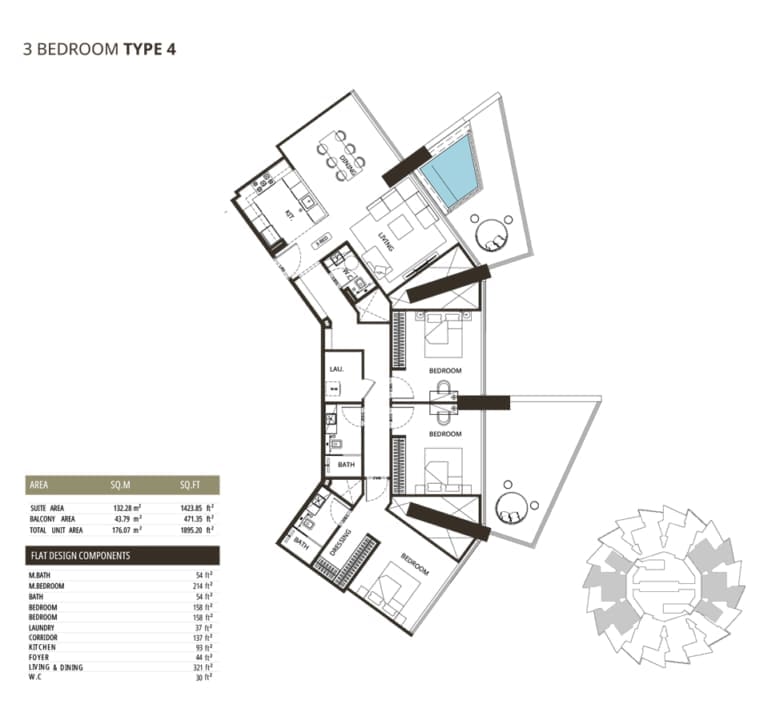 Binghatti Grove 3 Bedroom Type 4 Floor Plan