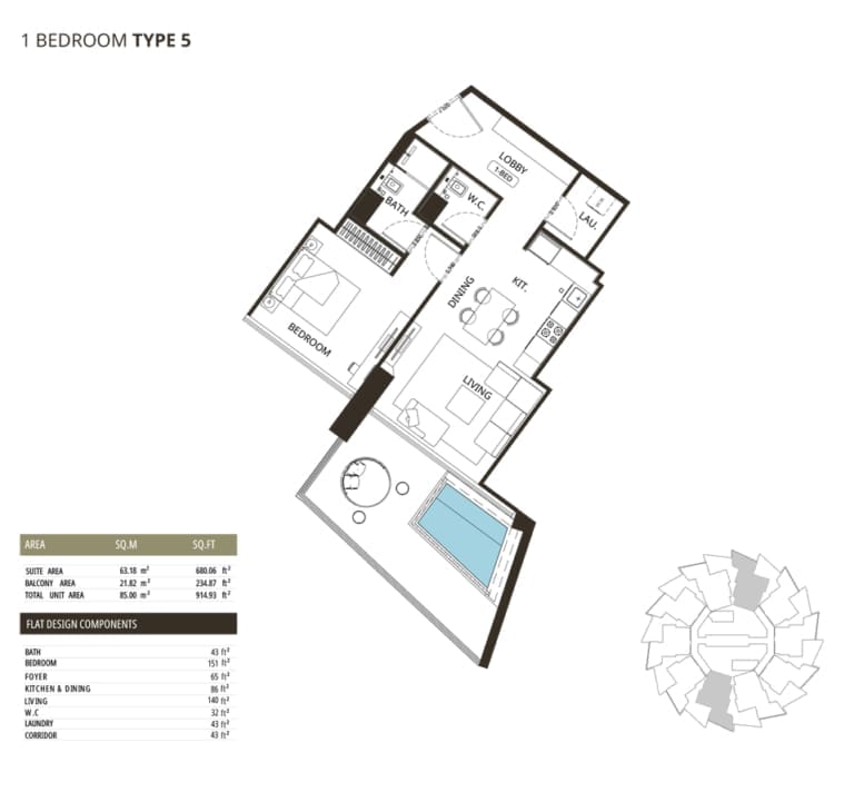 Binghatti Grove 1 Bedroom Type 5 Floor Plan