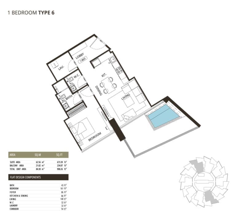 Binghatti Grove 1 Bedroom Type 6 Floor Plan