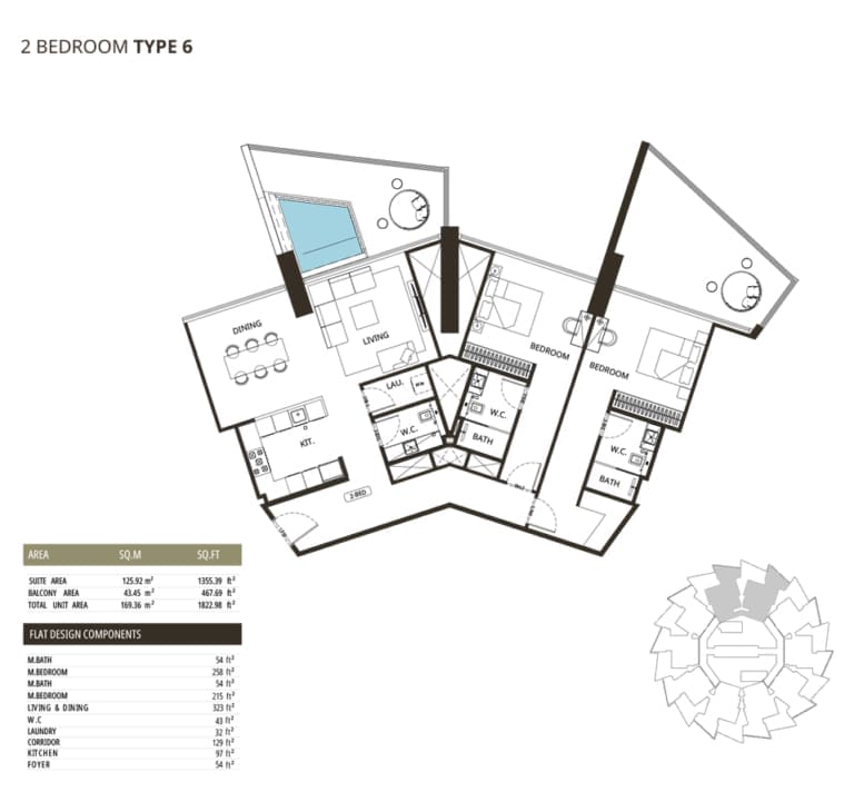 Binghatti Grove 2 Bedroom Type 6 Floor Plan