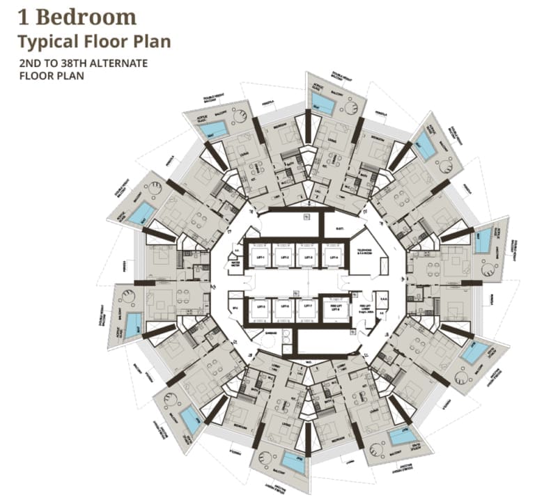 Binghatti Grove 1 Bedroom 2nd to 38th Typical Floor Plan