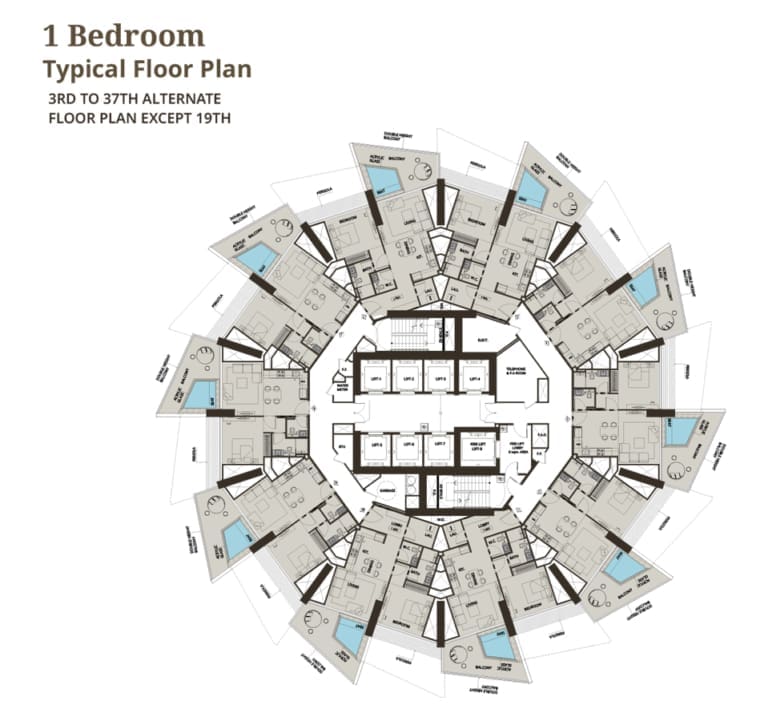 Binghatti Grove 1 Bedroom 3rd to 37th Typical Floor Plan